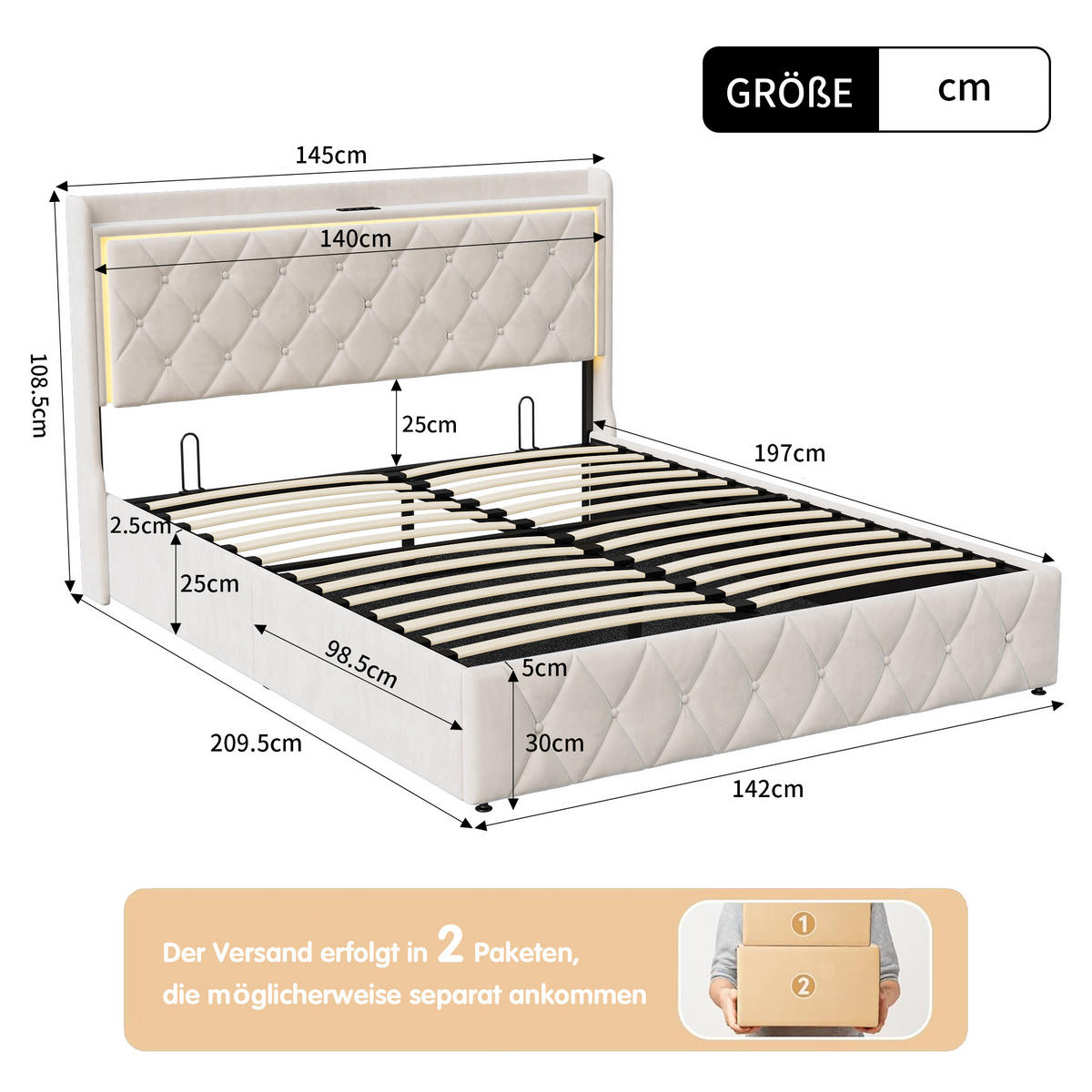POLSTERBETT 140x200 cm, Doppelbett, hydraulischer Stauraum, LED & USB & Type-C, Flauschstoff, Beige - Beige, Holz (140/200cm) - BRILVERDE