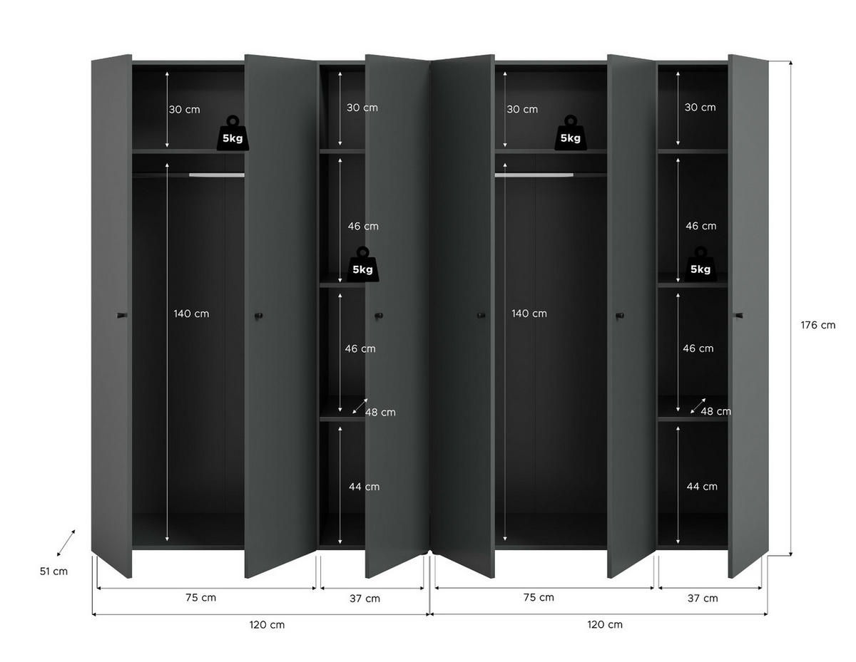 KLEIDERSCHRANK grau 6-türig 240 cm, Drehtürenschrank mit zusätzlichen Einlegeböden - Schwarz/Grau, Holzwerkstoff/Kunststoff (240/176/51cm) - Inn.Furn