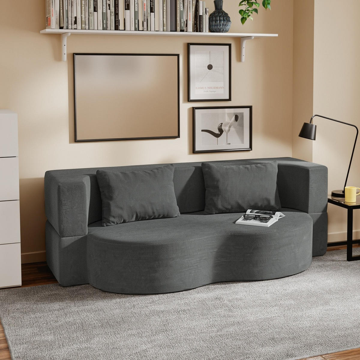 SOFA ausziehbar FST101-DG - Dunkelgrau/Ahornfarben, Fell/Textil (177/32/107cm) - SoBuy