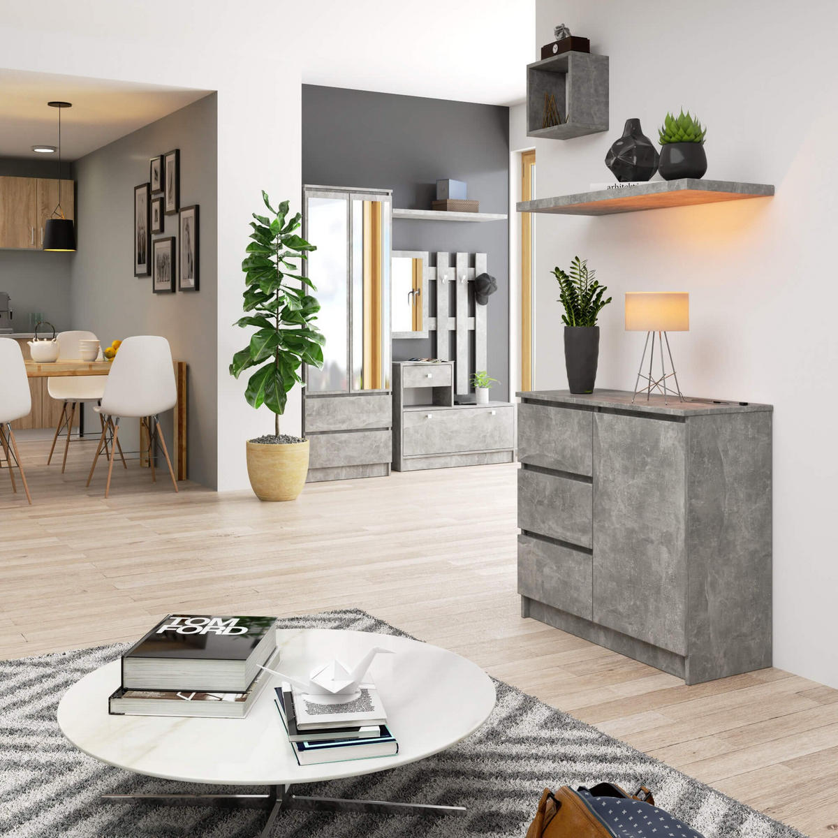 KOMMODE Jerry, Beton, 35x80x77 cm - Graphitfarben, Holz (80/77/35cm) - Milordbikes