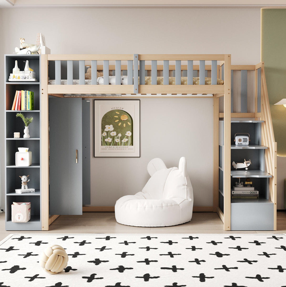 HOCHBETT 90/200 cm Grau mit Kleiderschrank und Stauraum - Grau, Holz (90/200cm) - MIVRAY