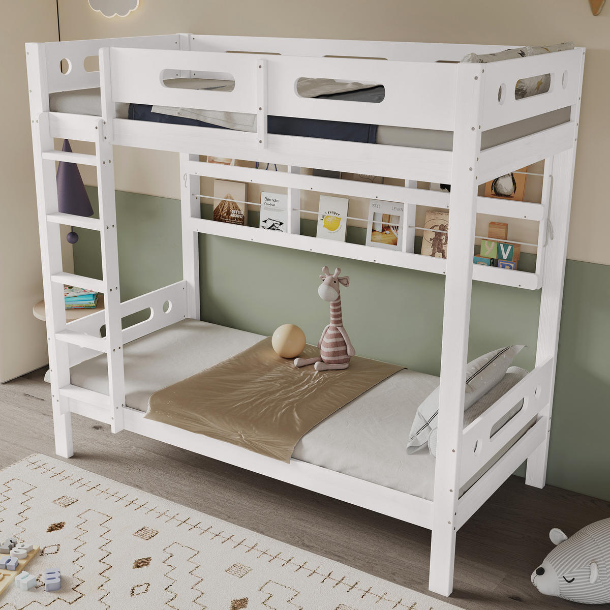 ETAGENBETT 90/200 cm aus Kiefernholz und MDF mit 5-stufiger Leiter, offenem Regal und Fallschutz, Weiß/Natur - Weiß, Holz (90/200cm) - Redom