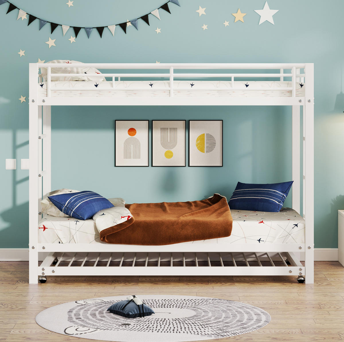 ETAGENBETT 90/200 cm aus Metall mit Ausziehbett und hohem Sicherheitsgeländer - Weiß, Metall (90/200cm) - Flora Grace