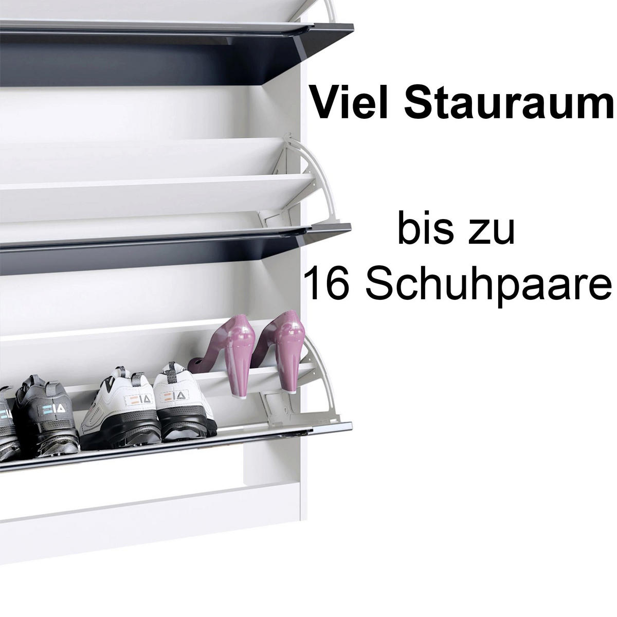 SCHUHSCHRANK Venezia Schmal mit 2 Klappen und 1 Schublade, Platzsparender Schuhkipper, Schwarz Hochglanz (89 x 95,5 x 23 cm) - Schwarz Hochglanz, Holzwerkstoff (89/95.5/23cm) - InnoFurn