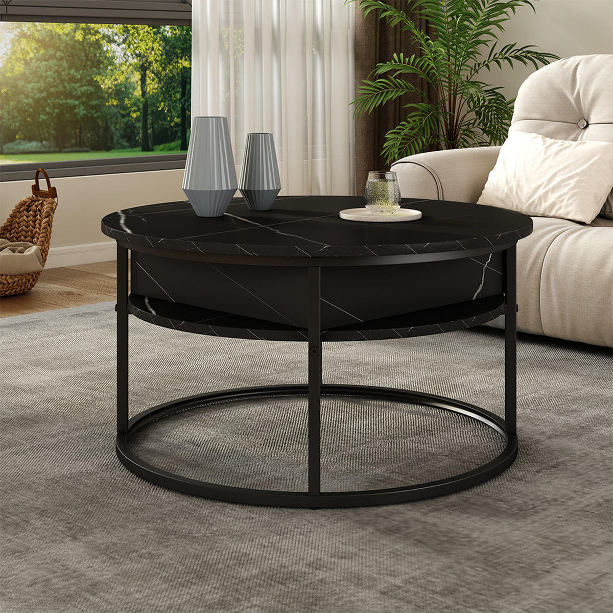 COUCHTISCH Marlo Schwarz/Marmor-Weiß 77 x 77 cm - Schwarz/Weiß, Holzwerkstoff (77/77/52cm) - Vicco