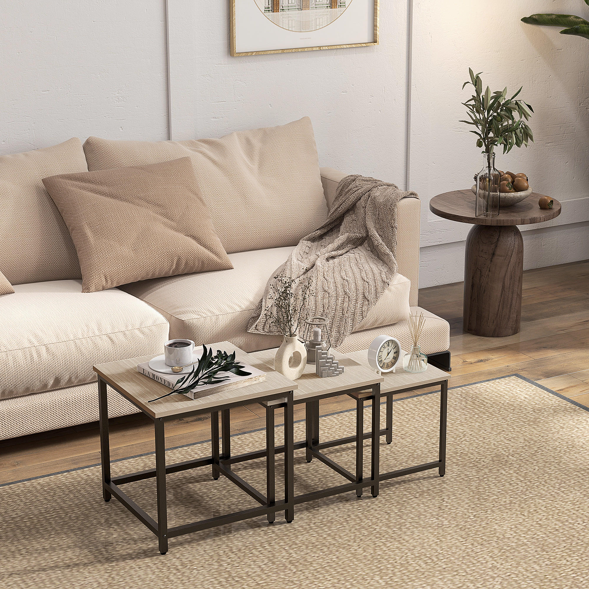 COUCHTISCH-SET eckig, Spanplatte, Naturholz - Naturfarben, Holzwerkstoff/Metall (45/45/44cm) - HOMCOM