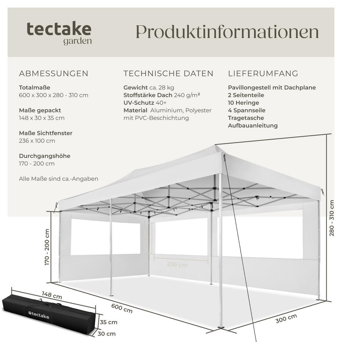PAVILLON Viola,inklusive Spannseilen, Heringen und Tragetasche,weiß - Weiß, Kunststoff (300/280/600cm) - tectake