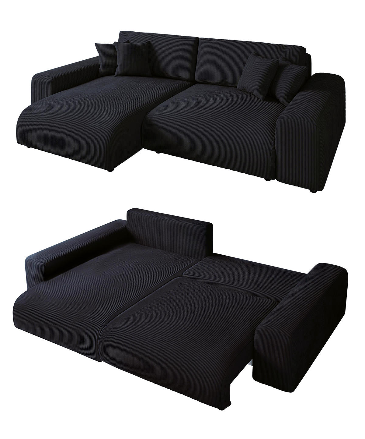 ECKSOFA mit Schlaffunktion, Bettkasten, Wellenunterfederung, seitenverkehrt montierbar B255/T165/H84 cm, Liegefl. 148x196 cm, Cord Schwarz/ 21008 - Schwarz, Kunststoff/Textil (255/165cm) - luma-home