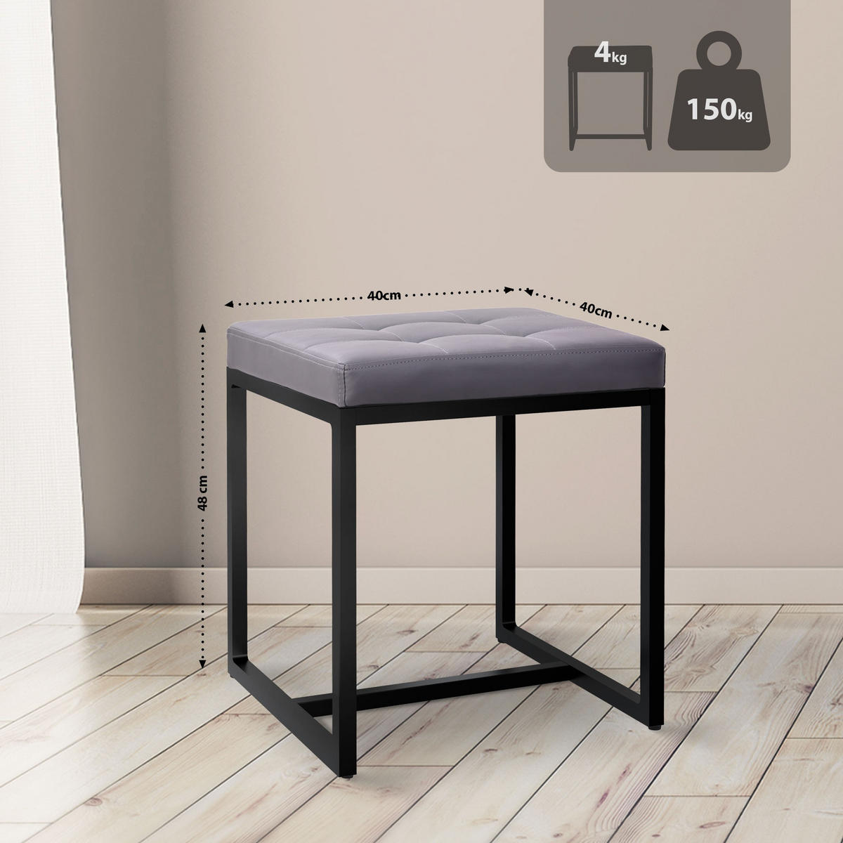SITZWÜRFEL eckig 40/40/48 cm Lederlook grau - Schwarz/Grau, Textil/Metall (40/48/40cm) - CLP