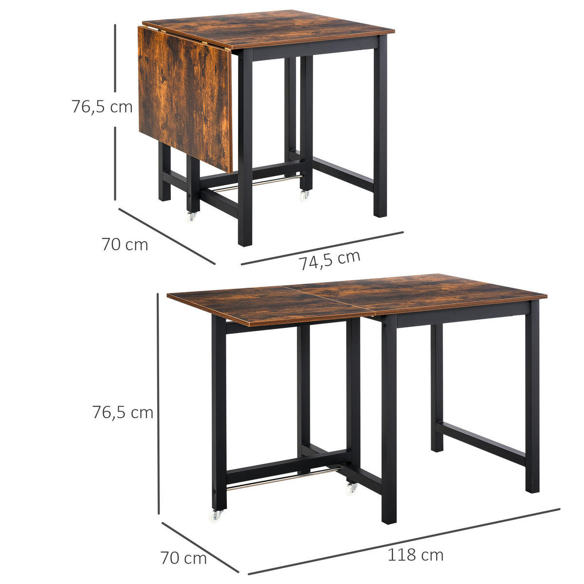ESSTISCH ausziehbar, mit Rollen - Braun, Metall (118/70/76.5cm) - HOMCOM