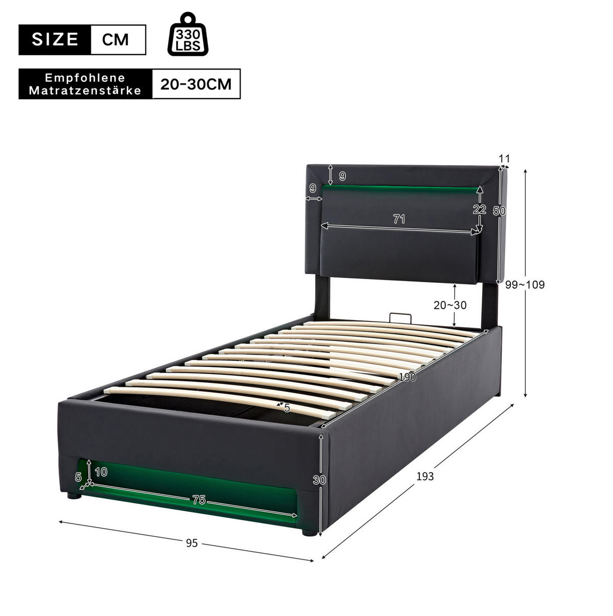 POLSTERBETT mit LED-Beleuchtung 90/190 cm mit Bettkasten & USB, PU-Kunstleder Schwarz - Schwarz, Kunststoff (90/190cm) - BEAOK