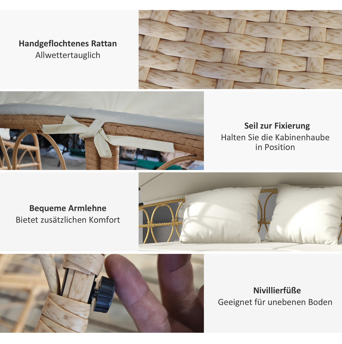 GARTENMÖBEL-SET 178/85/66,5 cm mit ausziehbarem Sonnendach, Hockern und Couchtisch aus Rattan, Cremeweiß - Weiß, Naturmaterialien - Redom