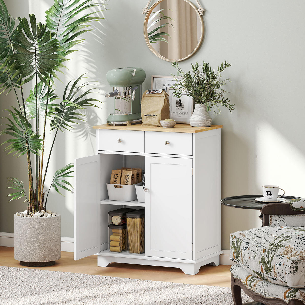 SIDEBOARD DE-10997 2 Türen Weiß/Naturholz - Weiß, Holzwerkstoff (68/85/40.3cm) - ComfortXL