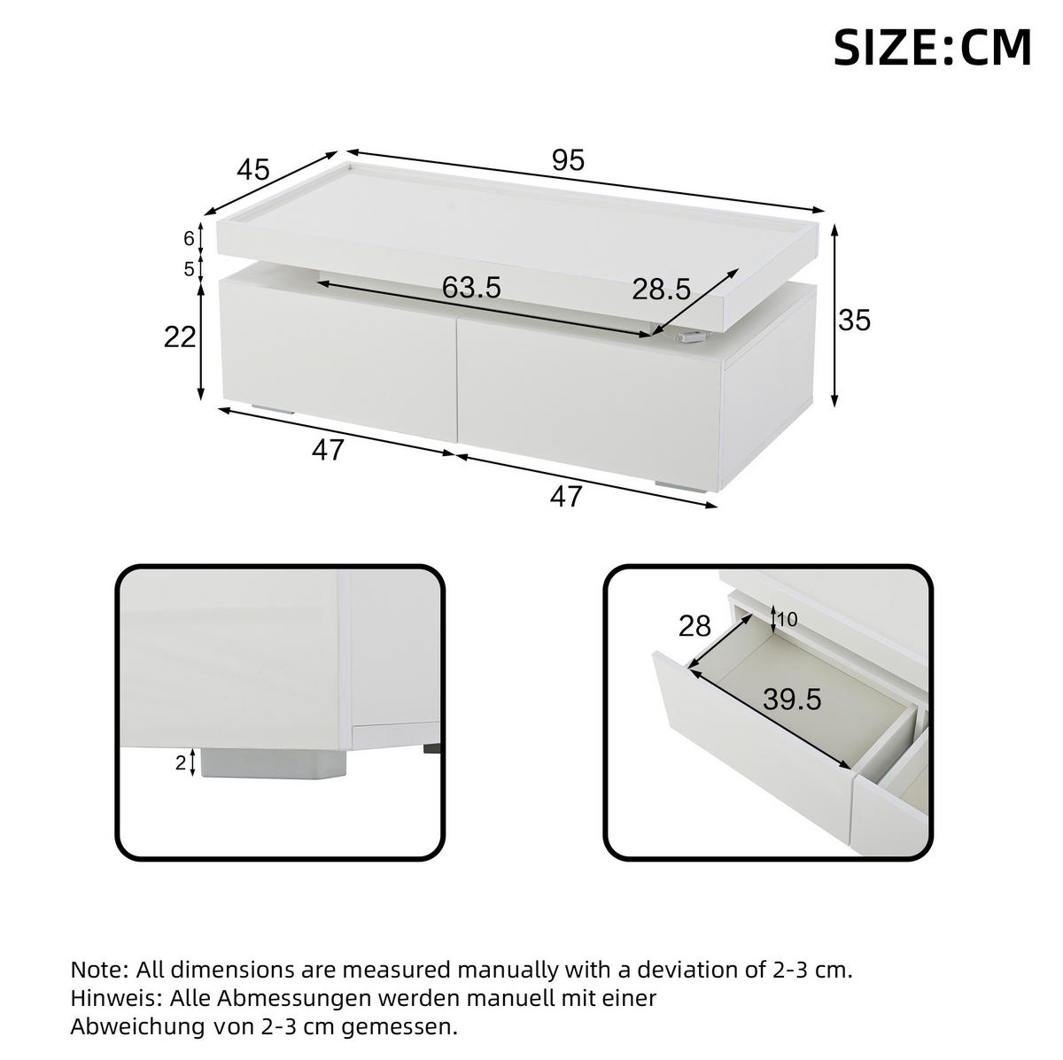 COUCHTISCH 95/45/35 cm Weiß aus Spanplatte mit LED und 2 Schubladen - Weiß, Holzwerkstoff (95/45/35cm) - OKMYHOME