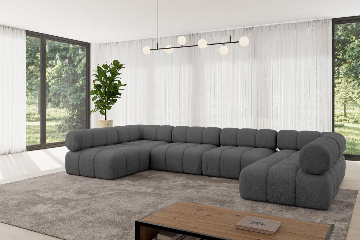 WOHNLANDSCHAFT modulares Sofa Garvo-U2 - 380x190x70 cm Grau Bouclé - Grau, Holzwerkstoff/Textil (380/70/190cm) - ALTDECOR