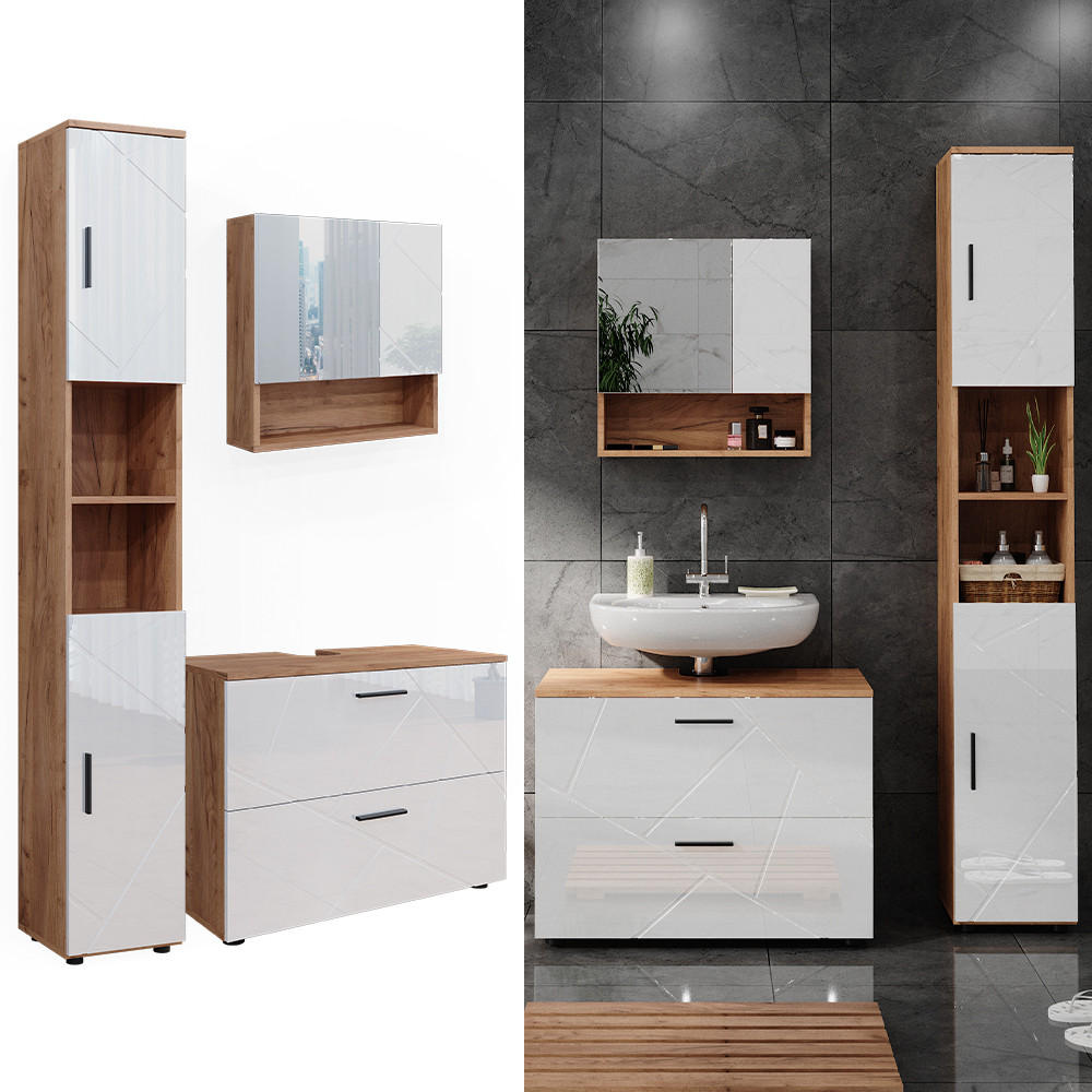 BADMÖBEL-SET Irma Weiß Hochglanz/Goldkraft Eiche 3 Teile - Honigeiche/Weiß Hochglanz, Holzwerkstoff (80/58.6/41cm) - Vicco