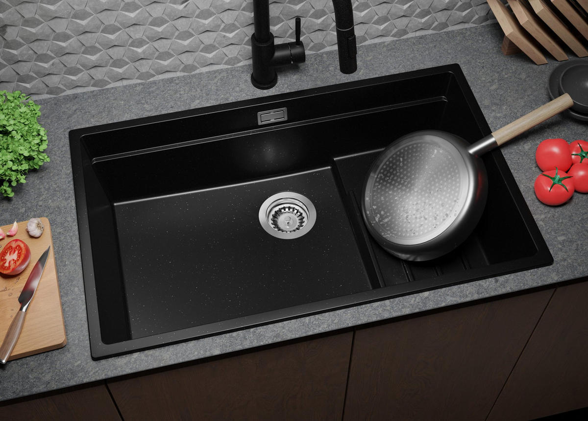 SPÜLBECKEN Praga Slim, 2-er set Schwarz Metallic 76/47 cm 1 Becken + Ablauf-Set + Aufrollbare Abtropffläche ab 80er Unterschrank - Chromfarben/Schwarz Hochglanz, Kunststoff (76/20/47cm) - Primagran