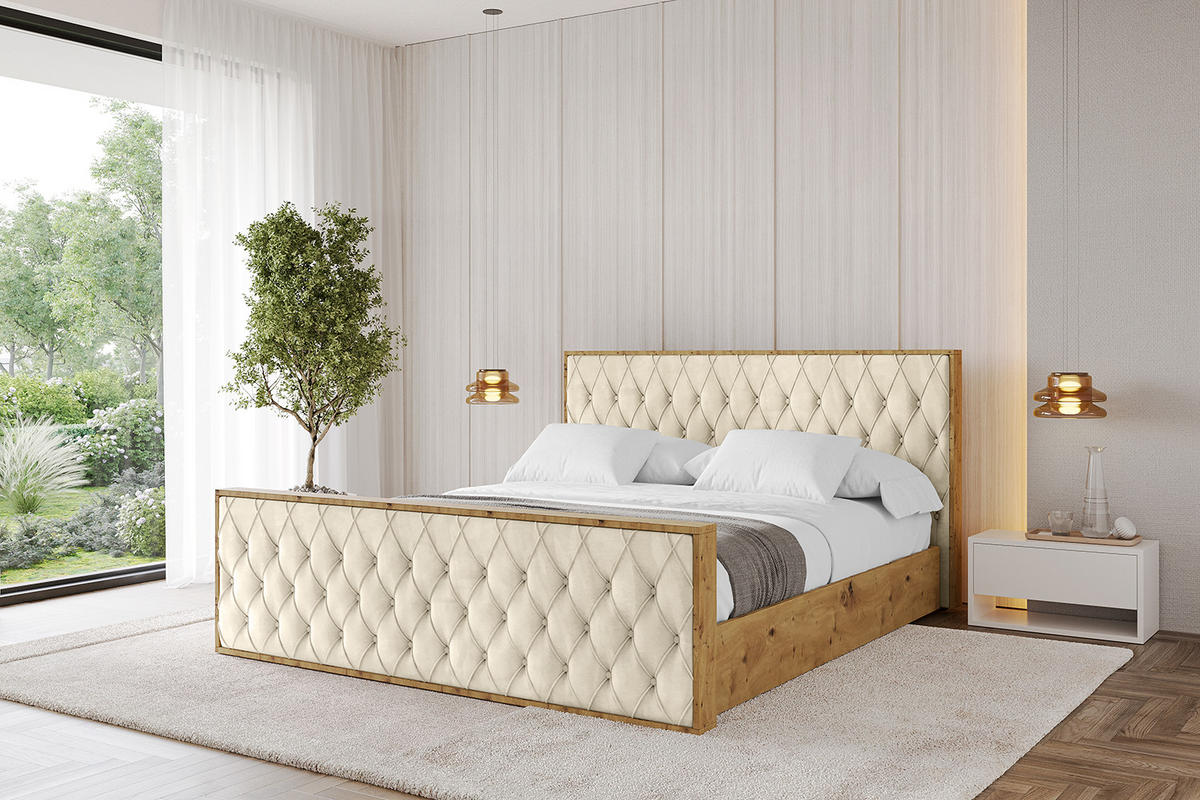 POLSTERBETT mit Bettkasten, Fußteil und Lattenrost, Boxbett ohne Matratze - ENZO5-Z 200x200 Beige - Ecru, Holzwerkstoff/Textil (200/200cm) - ALTDECOR
