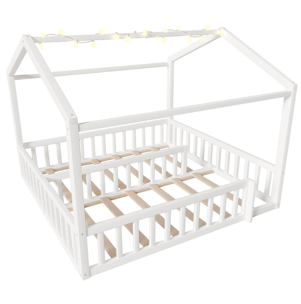 KINDERBETT 195/191/156,5 cm in Hausform mit LED und teilbarer Liegefläche 90/190 cm - Weiß, Holz (90/190cm) - BEAOK