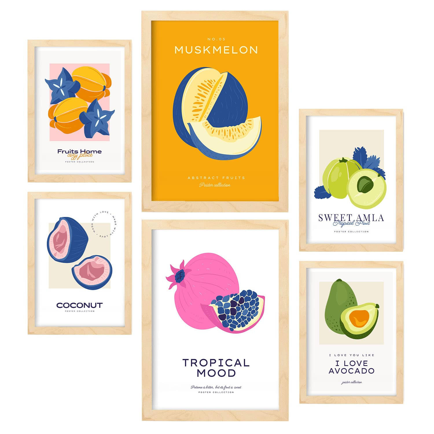 POSTER Set Mit 6 Lebensmittel Und Ernährungs Tropische Umgebung A3 & A4 Rahmen Aus Hellem Holz - Beige, Papier (29/3cm) - Nacnic