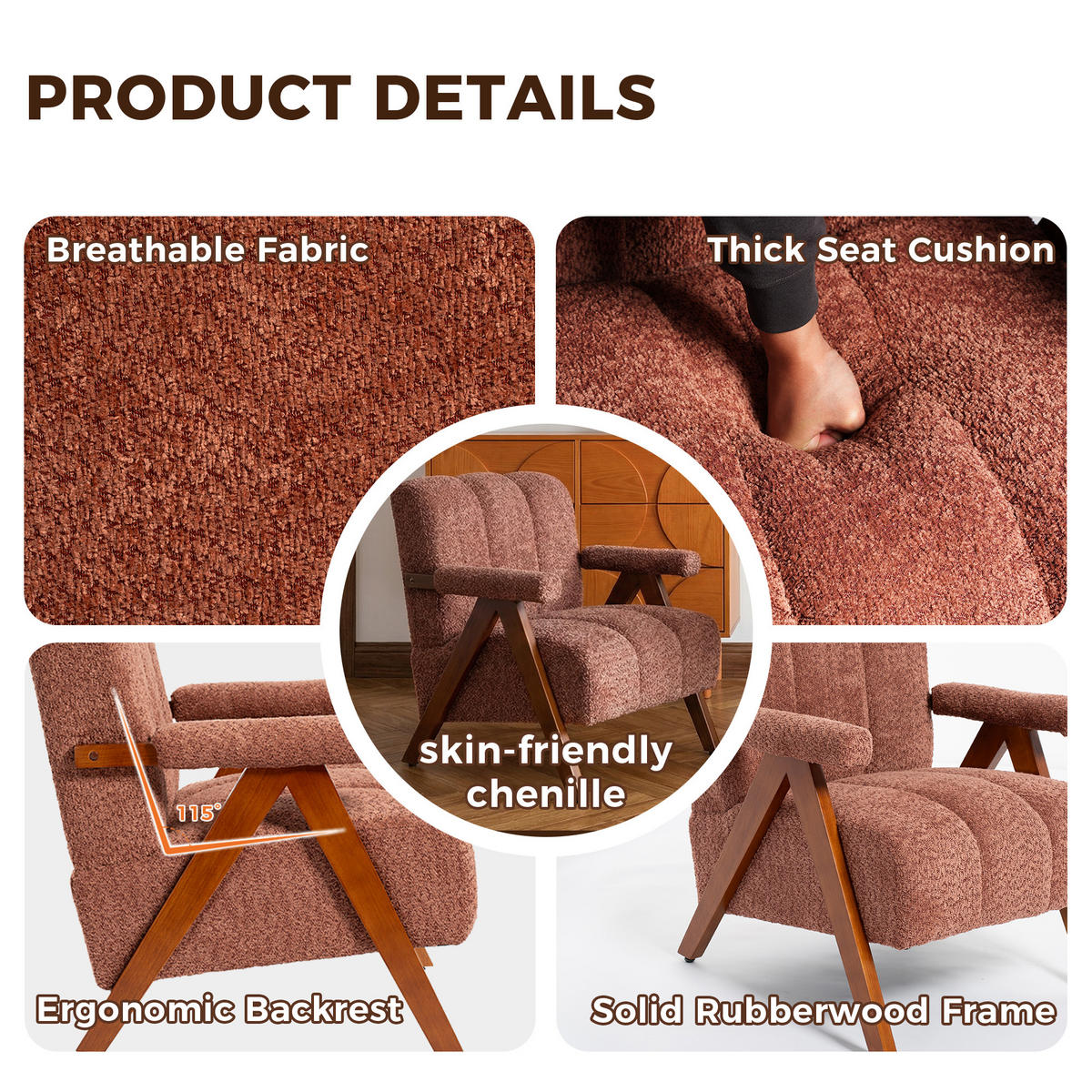 FÅTÖLJ i Bouclé och Ekträ, modern accentstol - Rostfärgad, Trä (77/77/68.5cm) - Urban Meuble