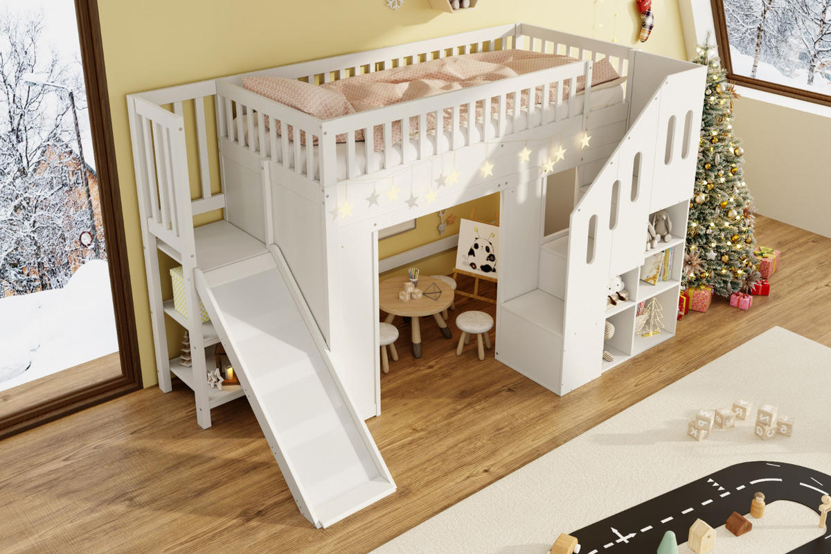 ETAGENBETT 90/200 cm in Weiß mit Rutsche, Stauraumtreppe und LED - Weiß, Holz/Holzwerkstoff (90/200cm) - CHICFURN