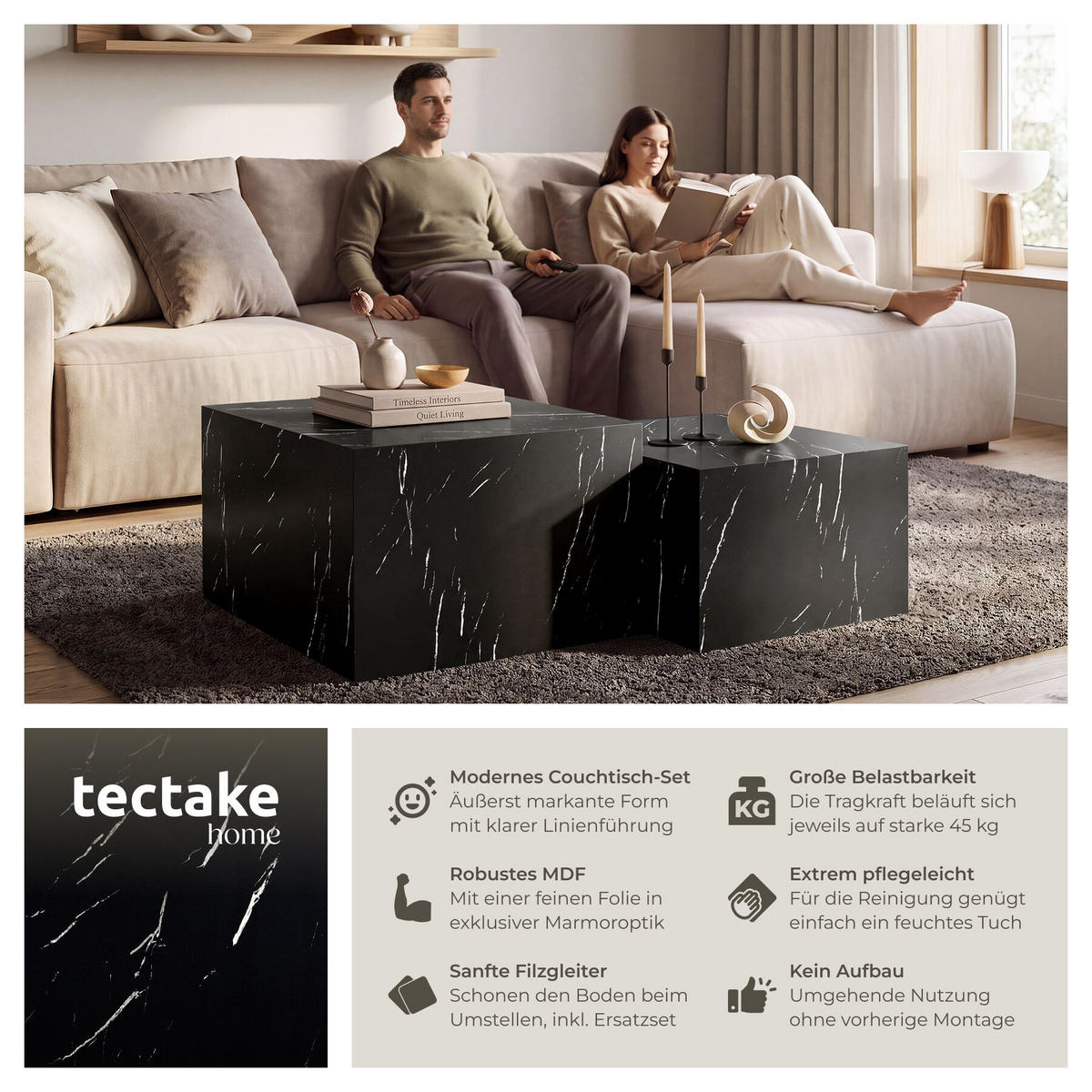 COUCHTISCH 2er Set Lacey, inkl. Filzschoner, Belastbarkeit 45 kg, Marmor Optik schwarz - Schwarz, Holz (60/60/40cm) - tectake