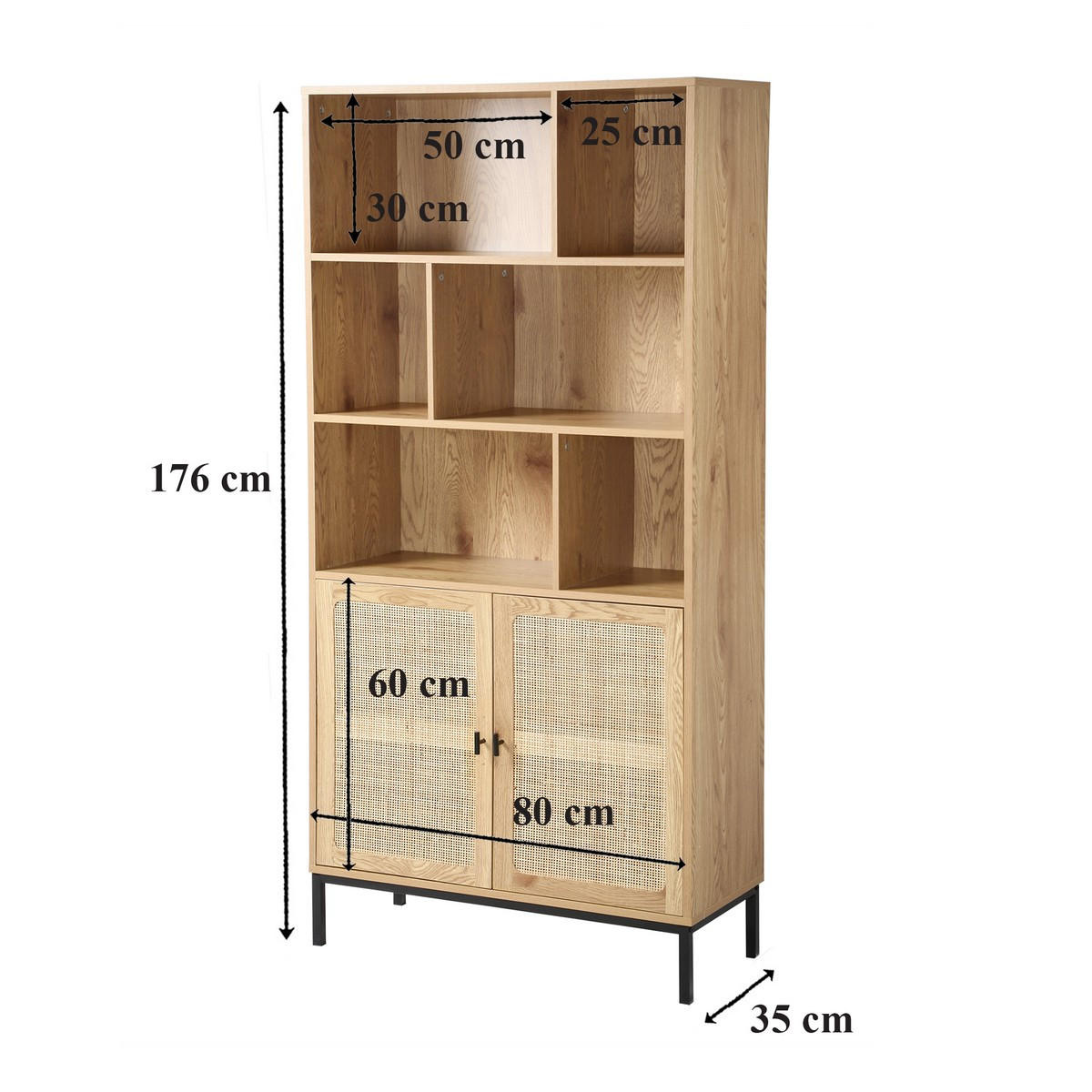 BÜCHERREGAL mit Aufbewahrung 2 Türen aus natürlichem Rattan H175cm - JAYA - Apfelbaumfarben, Holzwerkstoff (35/175/80cm) - Calicosy