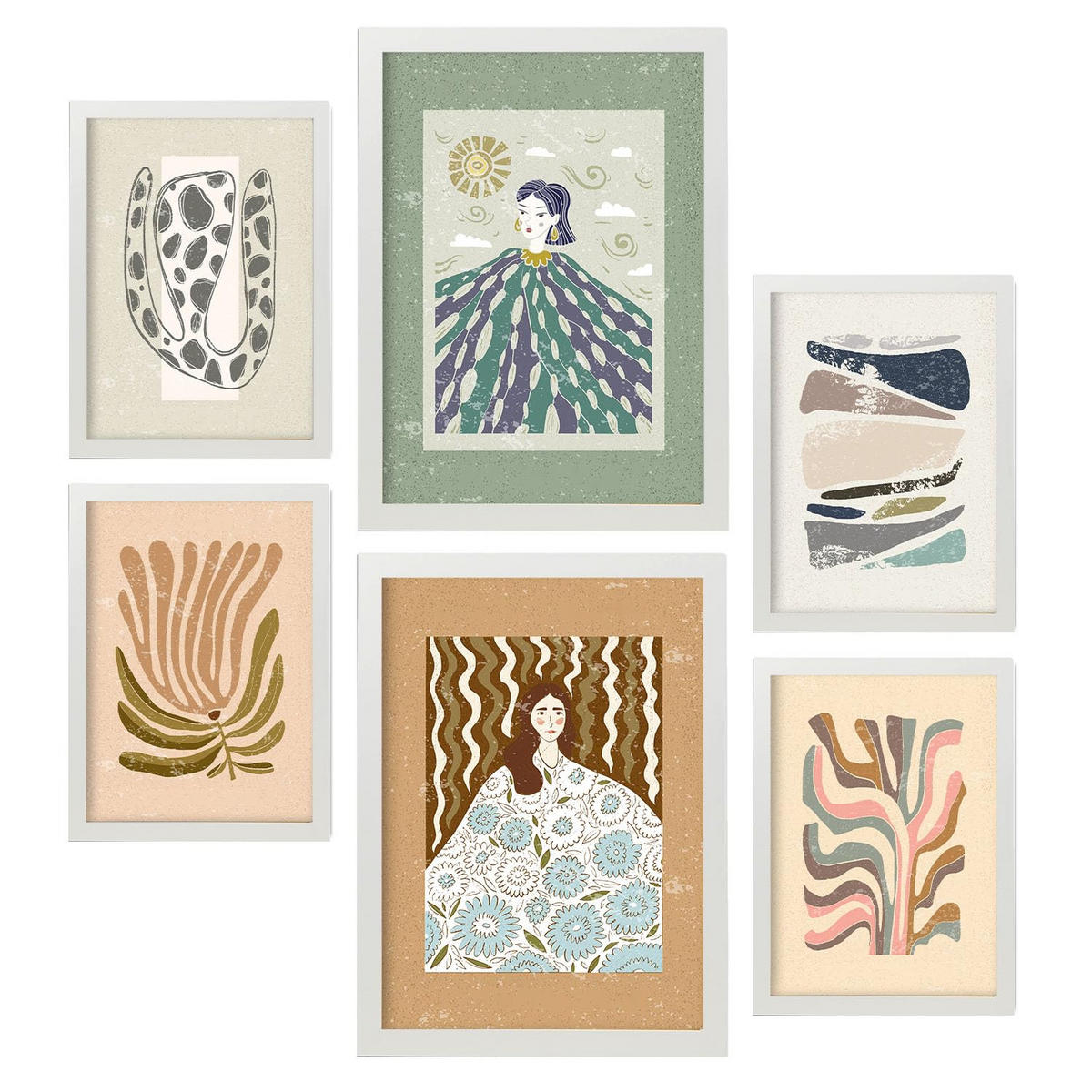 POSTER Set Mit 6 Drucken Von Mutter Natur In Ethnischer Dekorative Rahmen Für Ihr Wohnzimmer Schlafzimmer Zuhause Wandkunstdruck A3 & A4 Weißer Rahmen - Weiß, Papier (29/3cm) - Nacnic