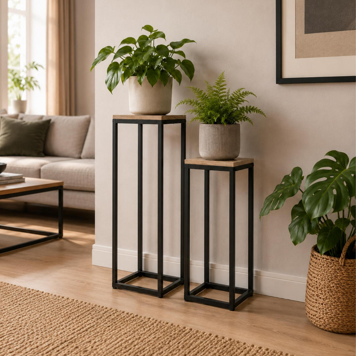 BLUMENSTÄNDER Metall Schwarz Eckig 2er Set 60 cm und 70 cm Pflanzenständer 96705 Blumenhocker - Schwarz, Metall (30/30/70cm)
