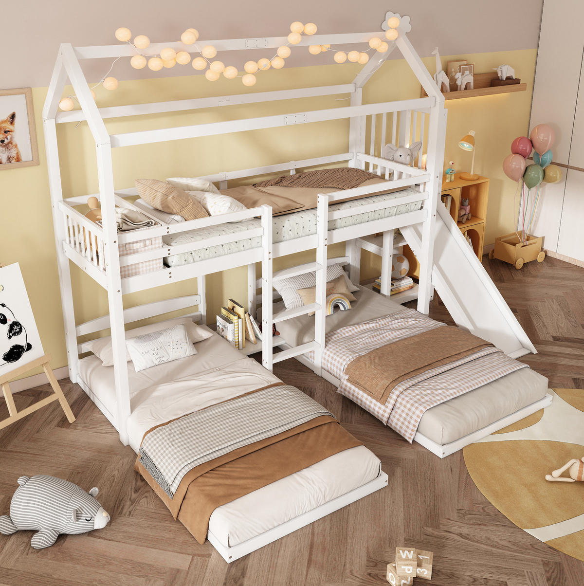 POSCHODOVÁ posteľ 90/200 cm biela s tromi lôžkami, šmykľavkou a úložným priestorom z borovice a MDF - biela, drevo (90/200cm) - OKWISH