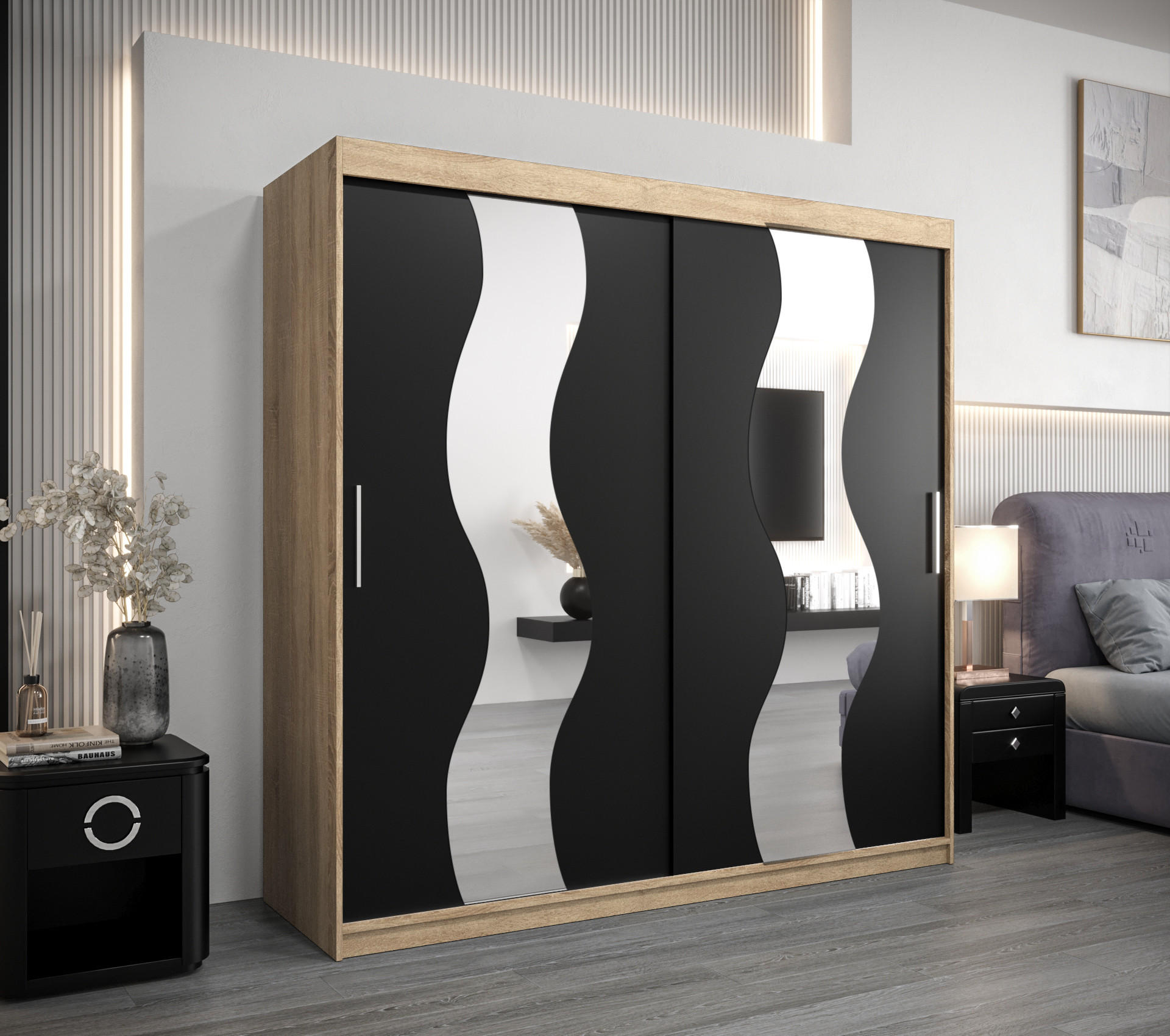 SCHWEBETÜRENSCHRANK 200/200/62 2-türig - Silberfarben/Schwarz, Holz/Kunststoff (200/200/62cm) - Abiks Möbel