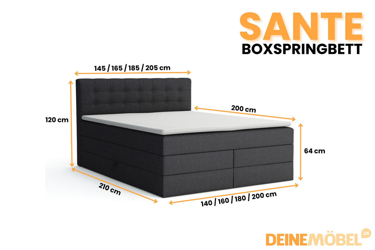 BOXSPRINGBETT SANTE 200/200 in Stoff Schwarz - Schwarz, Holz/Holzwerkstoff (200/200cm) - Deine Möbel 24