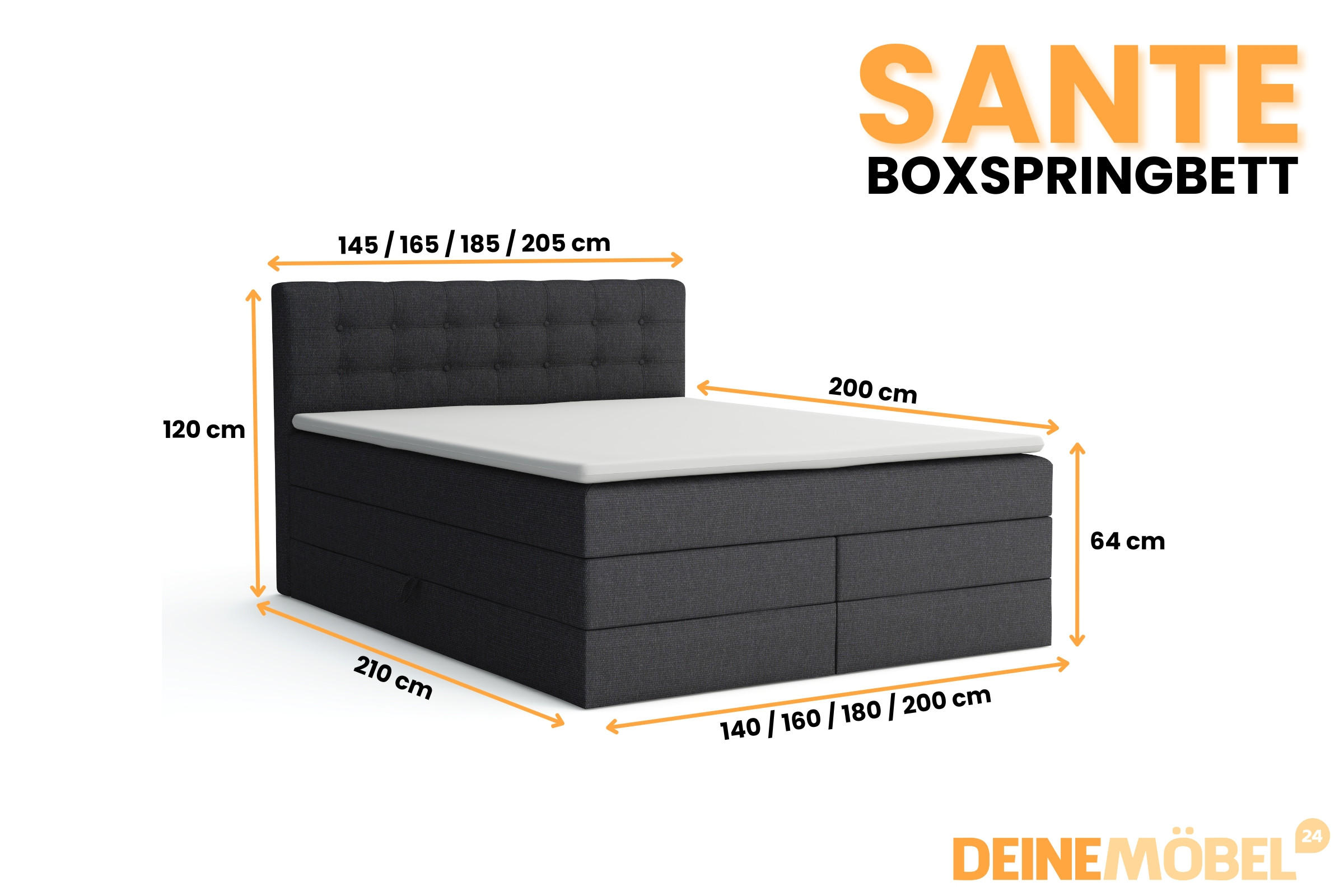 Thumbnail - Deine Möbel 24 Boxspringbett, Schwarz, Holzwerkstoff, Holz, Textil, H3, 160x200 cm, Schlafzimmer, Betten, Boxspringbette...