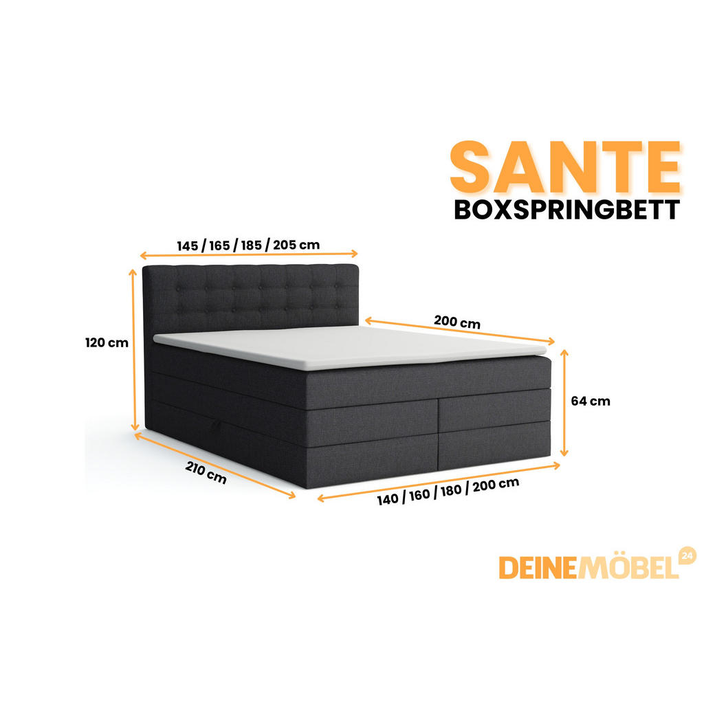 Thumbnail - Deine Möbel 24 Boxspringbett, Schwarz, Holzwerkstoff, Holz, Textil, H3, 180x200 cm, Schlafzimmer, Betten, Boxspringbette...