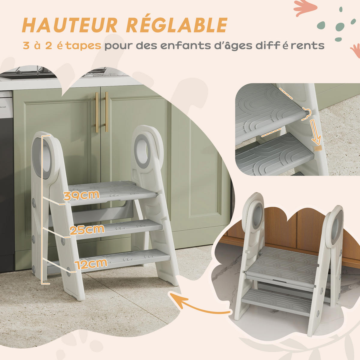 KINDERTRITTHOCKER DE-17237 3-fach höhenverstellbar & klappbar Grau - Grau, Naturmaterialien (47/61.5/46.5cm) - ComfortXL