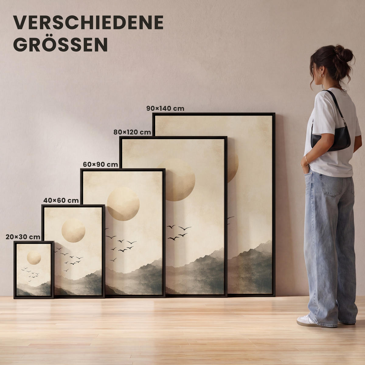 LEINWAND Bilder mit Rahmen - Landschaft - Japandi - Vogel - 60x90 - Beige, Textil (60/90cm) - MuchoWow