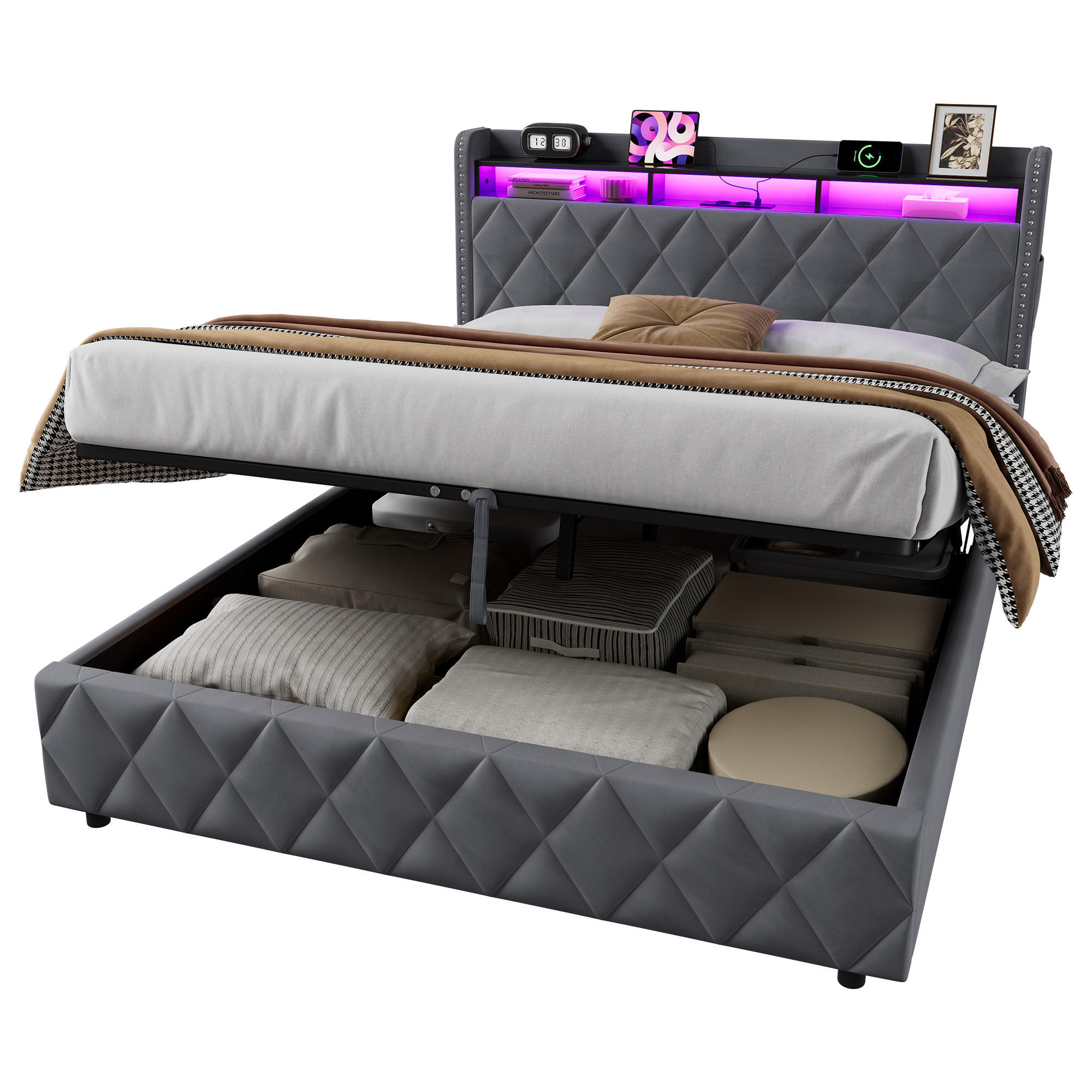 OKWISH ČALOUNĚNÁ postel 160/200 cm tmavě šedá ze sametu, dřeva a kovu s hydraulickým úložným prostorem, LED osvětlením a nabíjecími konektory