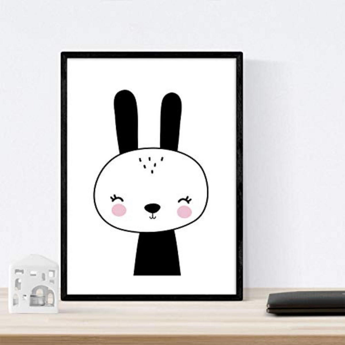 POSTER Set mit 4 Kaninchenblättern, Giraffe, Leon und Maus Tieren A3 Schwarzer Rahmen - Schwarz, Papier (29.7/3cm) - Nacnic