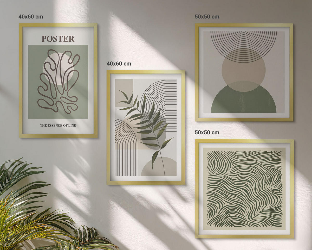 WANDBILDER 4er Set - 50x50 cm & 40x60 cm Goldrahmen - Geometrische botanische Muster - Goldfarben, Kunststoff (50/50cm) - ArtPrintCave