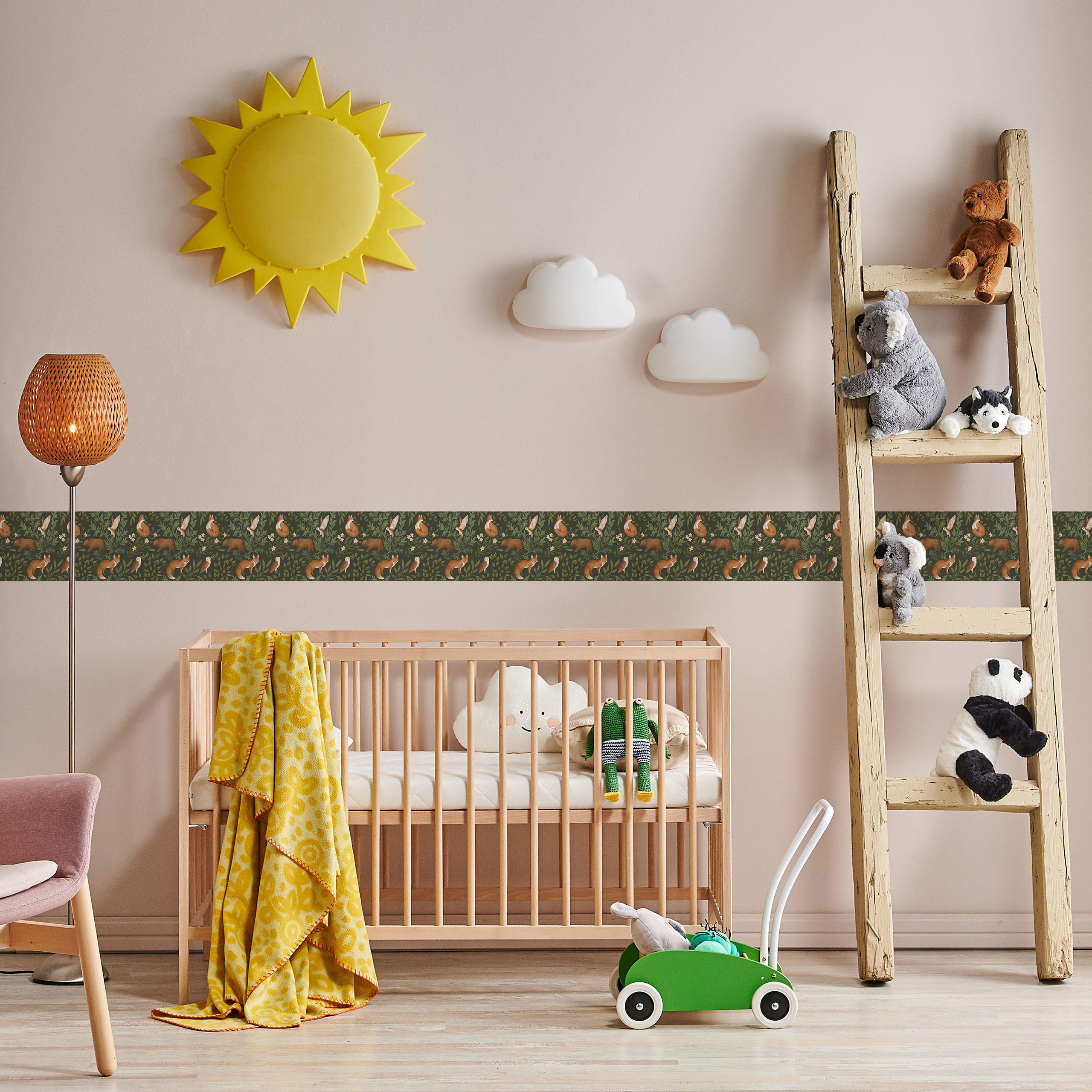 TAPETENBORDÜRE selbstklebend für Kinder WALDTIERE Blätter Blumen Natur - Beige/Braun, Papier (10/300/300cm) - Muralo
