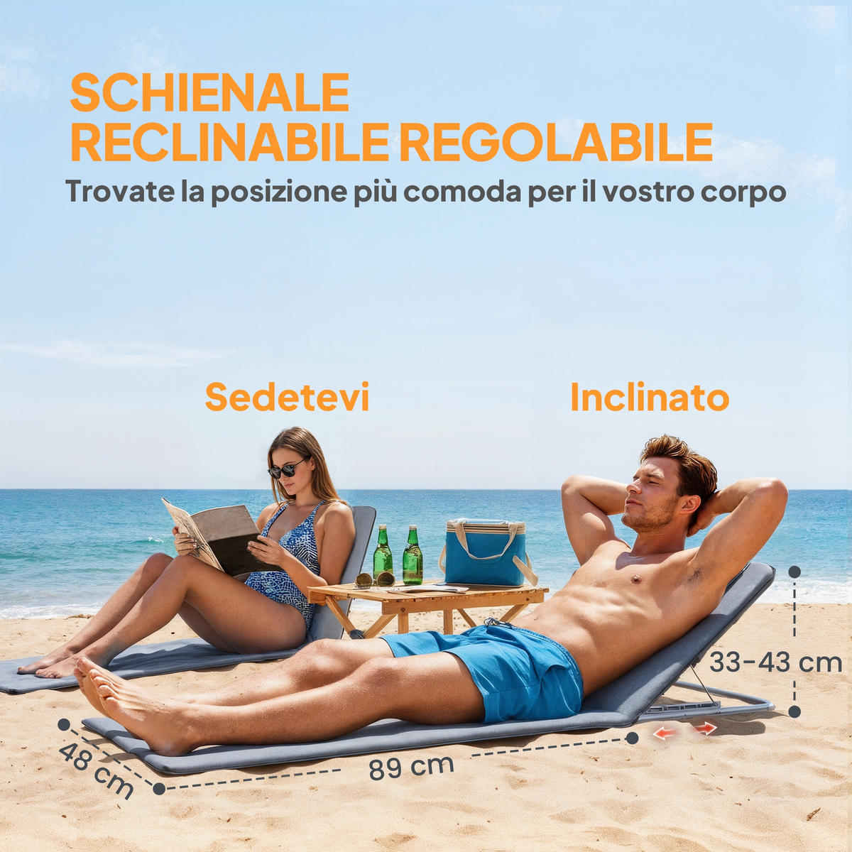 SONNENLIEGE 2er-Set Strandstühle mit 5-fach verstellbarer Rückenlehne Kopfstütze und Reisetasche 134x48x33–43 cm ,Grau - Grau, Metall (48/43/134cm) - Vallsero