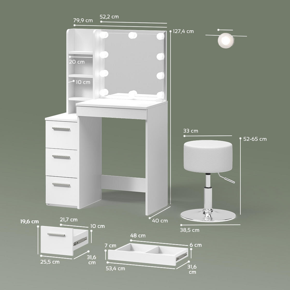 SCHMINKTISCH Ivera Weiß mit LED Beleuchtung und Hocker - Weiß, Holzwerkstoff (79.9/127.4/40cm) - Livinity®