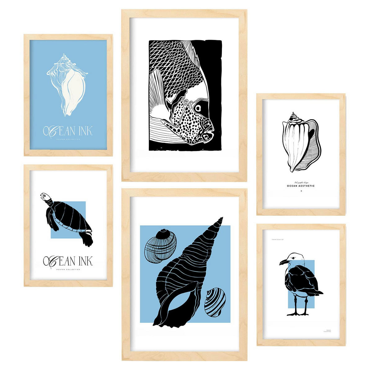 POSTER Set Mit 6 Schwarze Tintenschalen Größe A3 & A4 Rahmen aus hellem Holz - Beige, Papier (29.7/1cm) - Nacnic