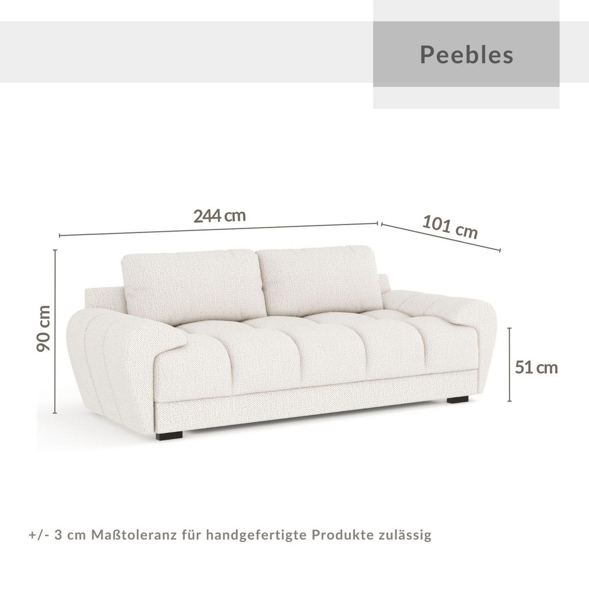 3-SITZER SOFA Peebles Beige Grau Chenille-Stoff - Beige/Schwarz, Holz/Holzwerkstoff (244/90/101cm) - Maison de Reve