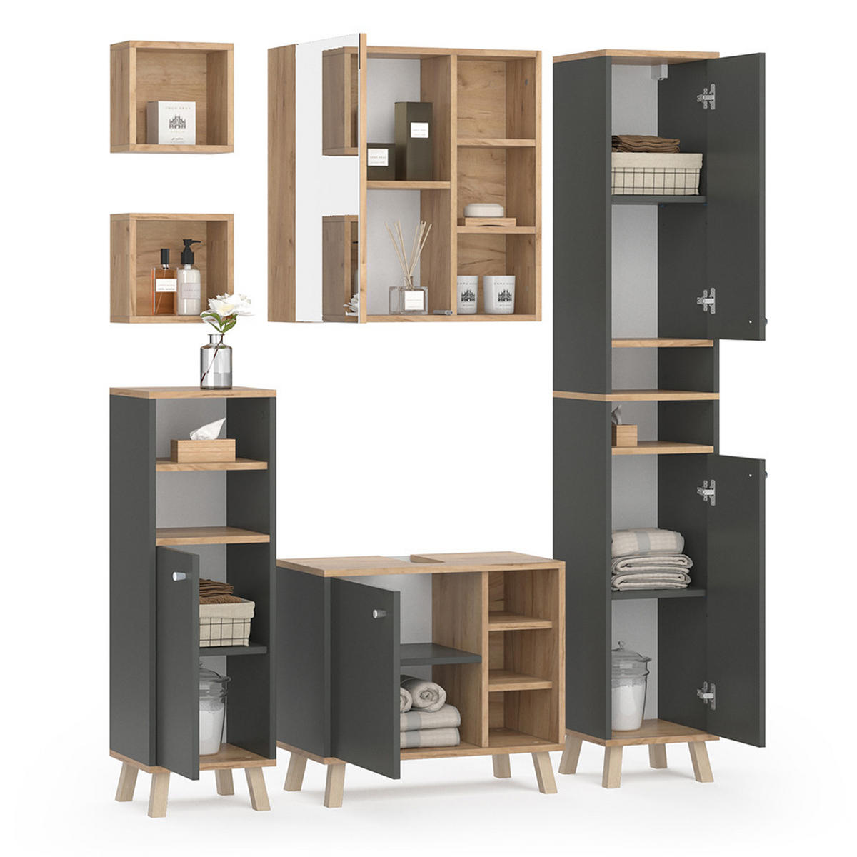 BADMÖBEL-SET Senyo Anthrazit 5 Teile, mit Hochschrank - Honigeiche/Anthrazit, Holzwerkstoff (62/54/32cm) - Vicco
