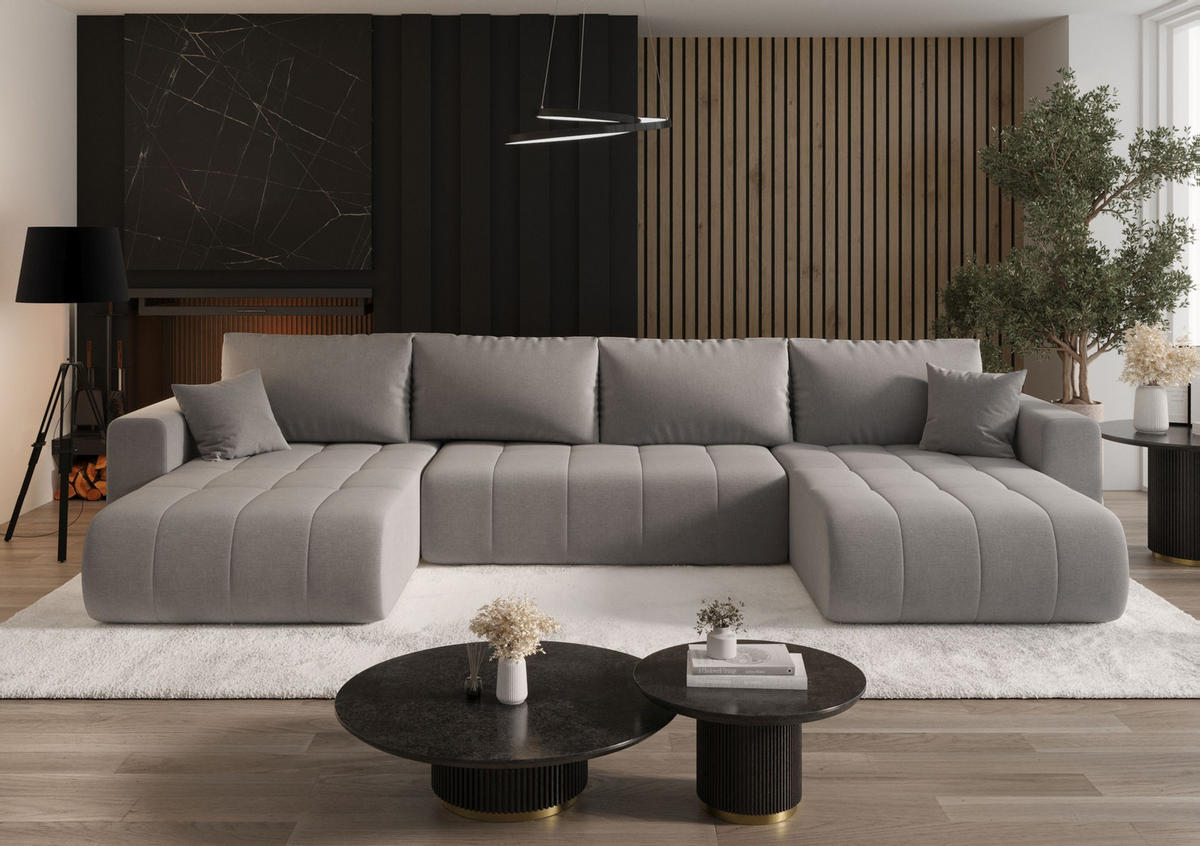 SEDACÍ souprava LARA tvar U světle šedá pletená tkanina Wind 84 - funkce spaní, úložný prostor - světle šedá, textil (385/85/175cm) - Cornero