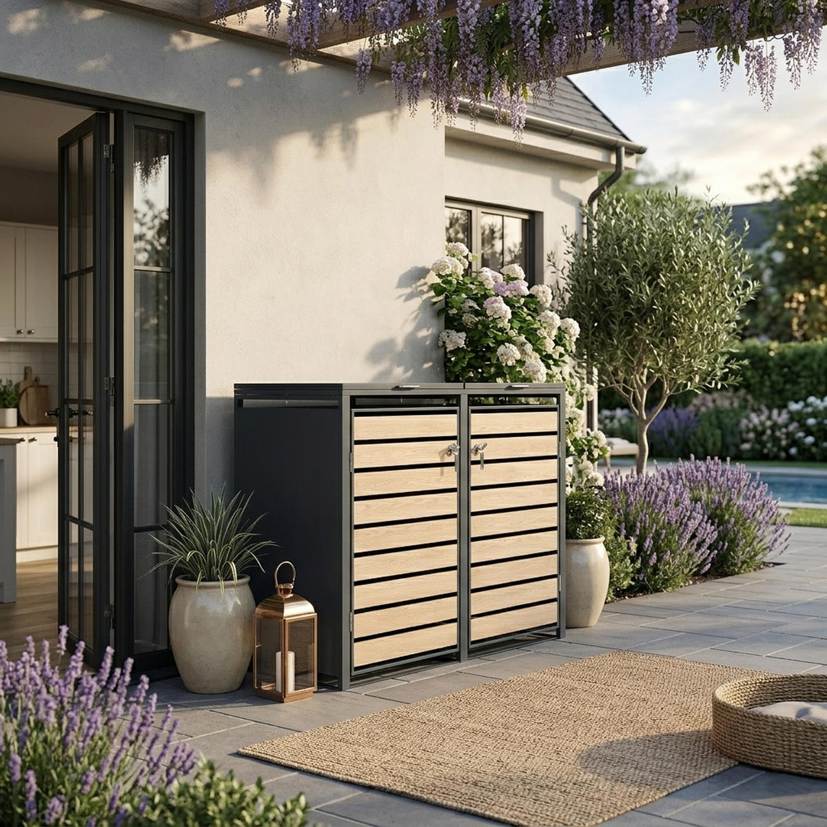 MÜLLTONNENVERKLEIDUNG Liverpool - Mülltonnenbox für 2 - in Holzoptik - , Stahl pulverbeschichtet verzinkt, anthrazit - Grau, Metall (132/116/80cm) - TPFGarden