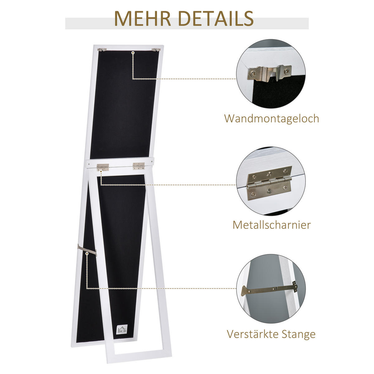 GANZKÖRPERSPIEGEL, 154 x 37 cm Wandspiegel mit Ständer, Weiß - Weiß, Holzwerkstoff (37/154/37cm) - HOMCOM