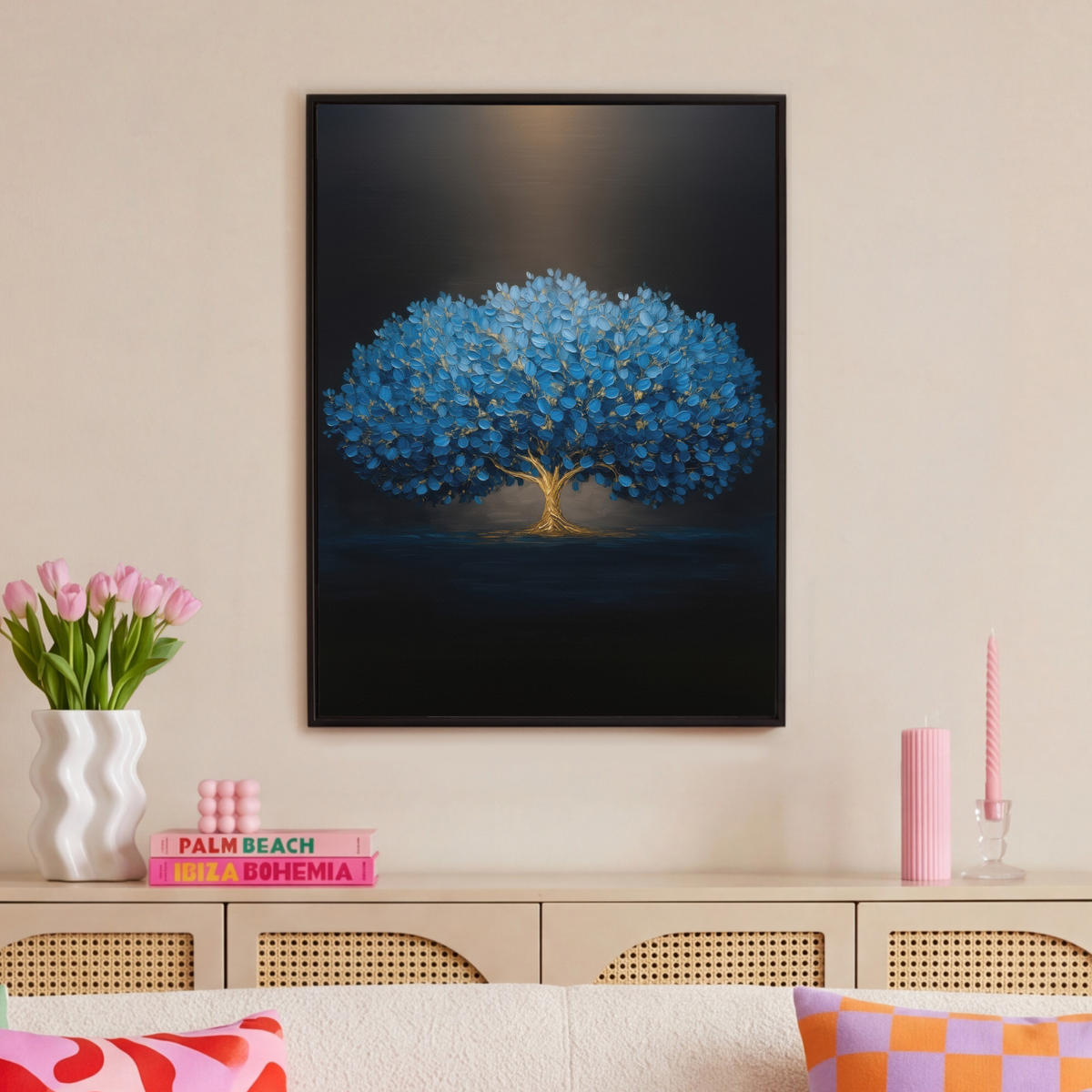 LEINWAND Bilder mit Rahmen - Baum - Blau - Blätter - Pinselstriche - 70x100 - Blau, Textil (70/100cm) - MuchoWow